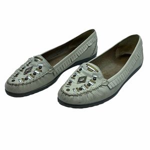 Vtg Calico Snap! Leather Moccasin Flats P-TOGA Women Size 10 Cream Silver Brazil